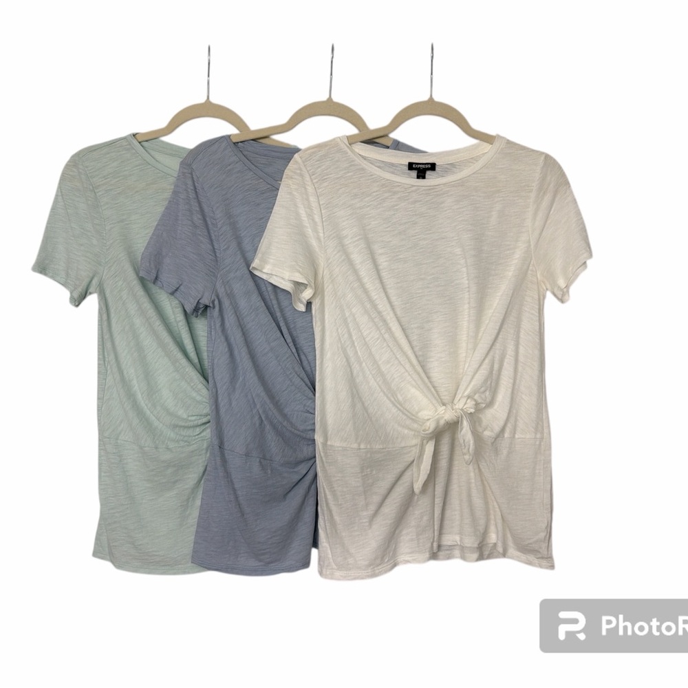 Express Tie-Front Short Sleeve Tee — White, Blue, Mint